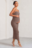 Sentimental Mocha Maternity Midi Dress with Cami Straps and Ruching