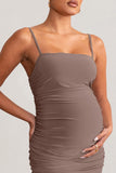 Sentimental Mocha Maternity Midi Dress with Cami Straps and Ruching