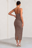 Sentimental Mocha Maternity Midi Dress with Cami Straps and Ruching