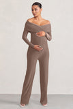Nuala Mocha Bardot Maternity Jumpsuit with Long Sleeves