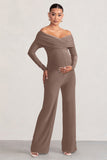 Nuala Mocha Bardot Maternity Jumpsuit with Long Sleeves