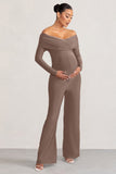 Nuala Mocha Bardot Maternity Jumpsuit with Long Sleeves