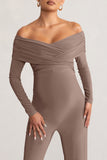 Nuala Mocha Bardot Maternity Jumpsuit with Long Sleeves