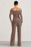 Nuala Mocha Bardot Maternity Jumpsuit with Long Sleeves