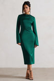 Zaina Bottle Green Long Sleeve Midi Dress with High Neckline