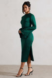 Zaina Bottle Green Long Sleeve Midi Dress with High Neckline