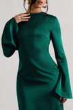 Zaina Bottle Green Long Sleeve Midi Dress with High Neckline