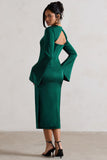 Zaina Bottle Green Long Sleeve Midi Dress with High Neckline