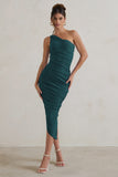 Dorit Bottle Green One Shoulder Asymmetric Ruched Midi Dress
