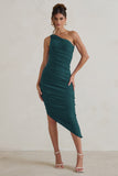 Dorit Bottle Green One Shoulder Asymmetric Ruched Midi Dress