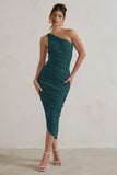 Dorit Bottle Green One Shoulder Asymmetric Ruched Midi Dress
