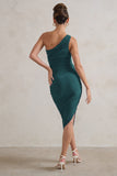 Dorit Bottle Green One Shoulder Asymmetric Ruched Midi Dress