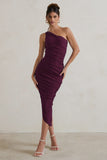 Dorit Plum One Shoulder Asymmetric Ruched Midi Dress