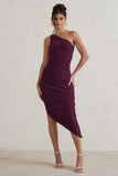 Dorit Plum One Shoulder Asymmetric Ruched Midi Dress