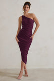 Dorit Plum One Shoulder Asymmetric Ruched Midi Dress