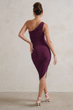 Dorit Plum One Shoulder Asymmetric Ruched Midi Dress