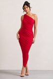 Dorit Red One Shoulder Asymmetric Ruched Midi Dress