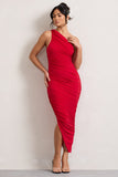Dorit Red One Shoulder Asymmetric Ruched Midi Dress