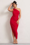 Dorit Red One Shoulder Asymmetric Ruched Midi Dress
