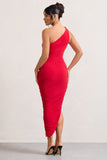 Dorit Red One Shoulder Asymmetric Ruched Midi Dress