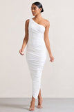 Dorit White One Shoulder Asymmetric Ruched Midi Dress