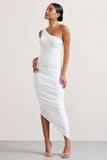 Dorit White One Shoulder Asymmetric Ruched Midi Dress