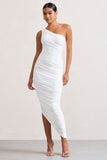 Dorit White One Shoulder Asymmetric Ruched Midi Dress