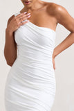 Dorit White One Shoulder Asymmetric Ruched Midi Dress