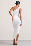 Dorit White One Shoulder Asymmetric Ruched Midi Dress