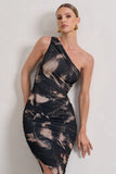 Dorit Brown Print One Shoulder Asymmetric Ruched Midi Dress