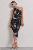 Dorit Brown Print One Shoulder Asymmetric Ruched Midi Dress