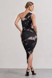 Dorit Brown Print One Shoulder Asymmetric Ruched Midi Dress