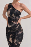 Dorit Brown Print One Shoulder Asymmetric Ruched Midi Dress
