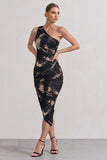 Dorit Brown Print One Shoulder Asymmetric Ruched Midi Dress