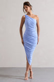 Dorit Sky Blue One Shoulder Asymmetric Ruched Midi Dress