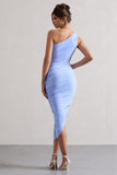 Dorit Sky Blue One Shoulder Asymmetric Ruched Midi Dress