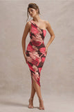 Dorit Red Floral Print One Shoulder Asymmetric Ruched Midi Dress