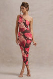 Dorit Red Floral Print One Shoulder Asymmetric Ruched Midi Dress