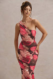 Dorit Red Floral Print One Shoulder Asymmetric Ruched Midi Dress