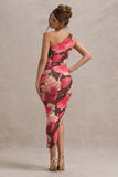Dorit Red Floral Print One Shoulder Asymmetric Ruched Midi Dress