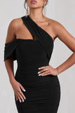 Cici Black Asymmetric One Shoulder Ruched Midi Dress