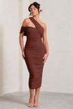 Cici Brown Asymmetric One Shoulder Ruched Midi Dress