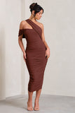 Cici Brown Asymmetric One Shoulder Ruched Midi Dress