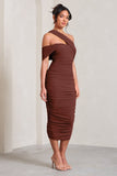 Cici Brown Asymmetric One Shoulder Ruched Midi Dress