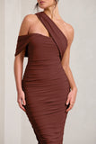 Cici Brown Asymmetric One Shoulder Ruched Midi Dress