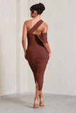 Cici Brown Asymmetric One Shoulder Ruched Midi Dress