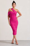 Cici Hot Pink Asymmetric One Shoulder Ruched Midi Dress