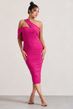 Cici Hot Pink Asymmetric One Shoulder Ruched Midi Dress