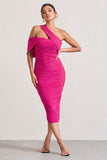 Cici Hot Pink Asymmetric One Shoulder Ruched Midi Dress