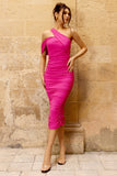 Cici Hot Pink Asymmetric One Shoulder Ruched Midi Dress